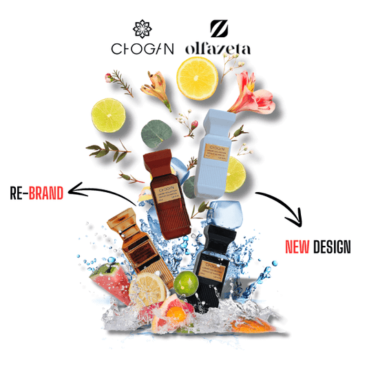 Chogan Luxury Collection Parfümflaschen, umgeben von spritzendem Wasser, Zitrusfrüchten und Blumen, die die frischen und lebendigen Duftnoten repräsentieren.
